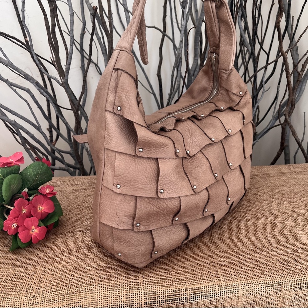B. Makowsky Large Slouchy Boho Leather Light Brown Hobo Bag - Picture 7 of 16
